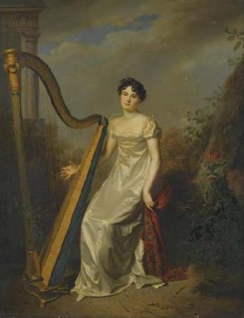 Firmin Massot Portrait of a lady, wearing a white dress and seated beside a harp a landscape beyond oil painting image